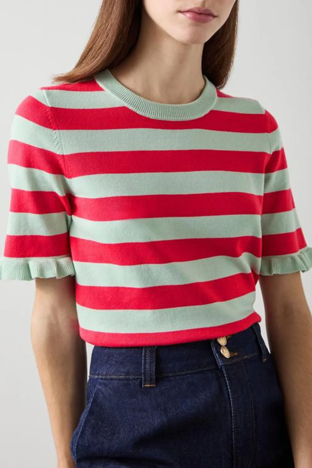 Red Green Striped Short Sleeve Knit Top
