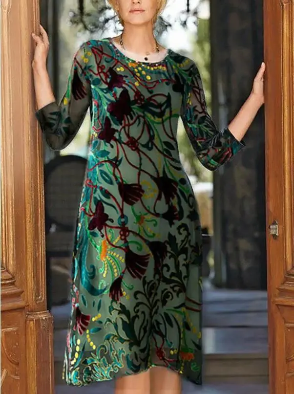 Green Printing Velvet Dress
