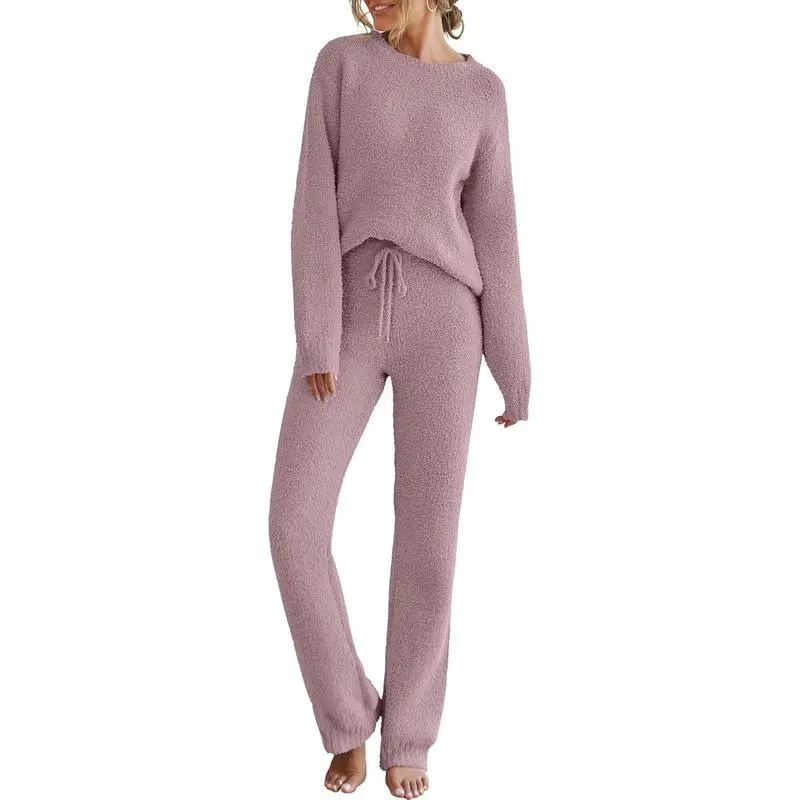 Womens Fuzzy Fleece Long Sleeve 2 Piece Loungewear Outfits Sweater Pants Pajama Sets