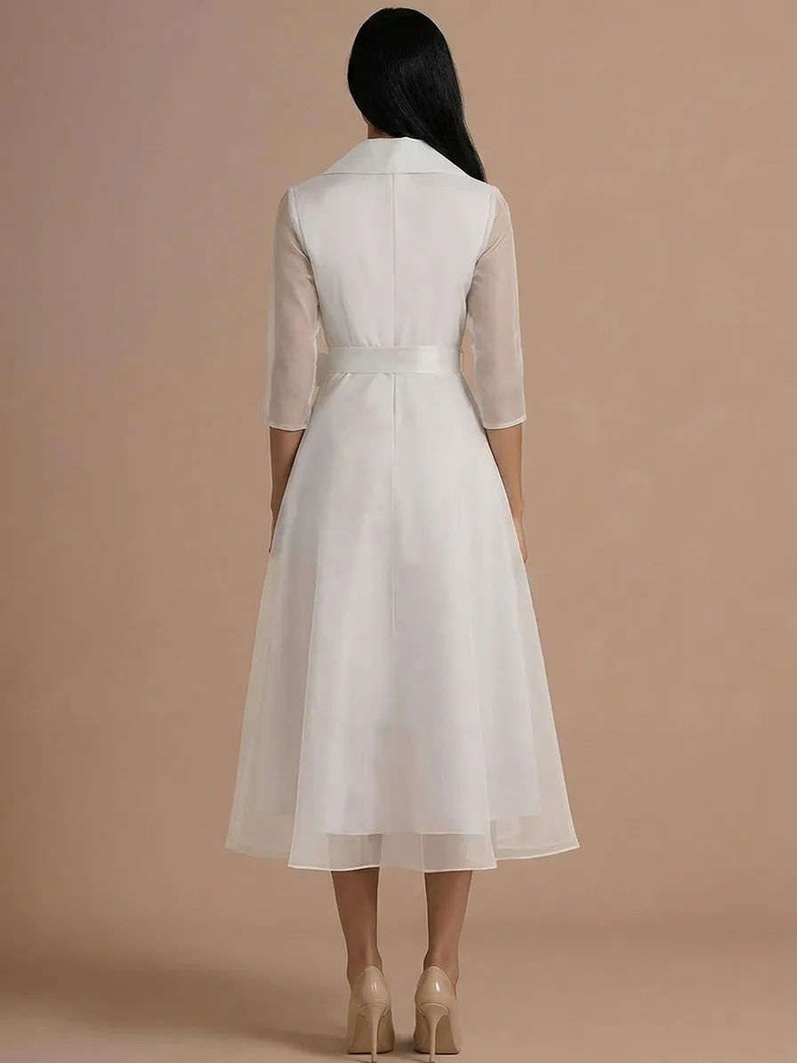 Elegant Draped Shawl Collar Organza Midi Dress