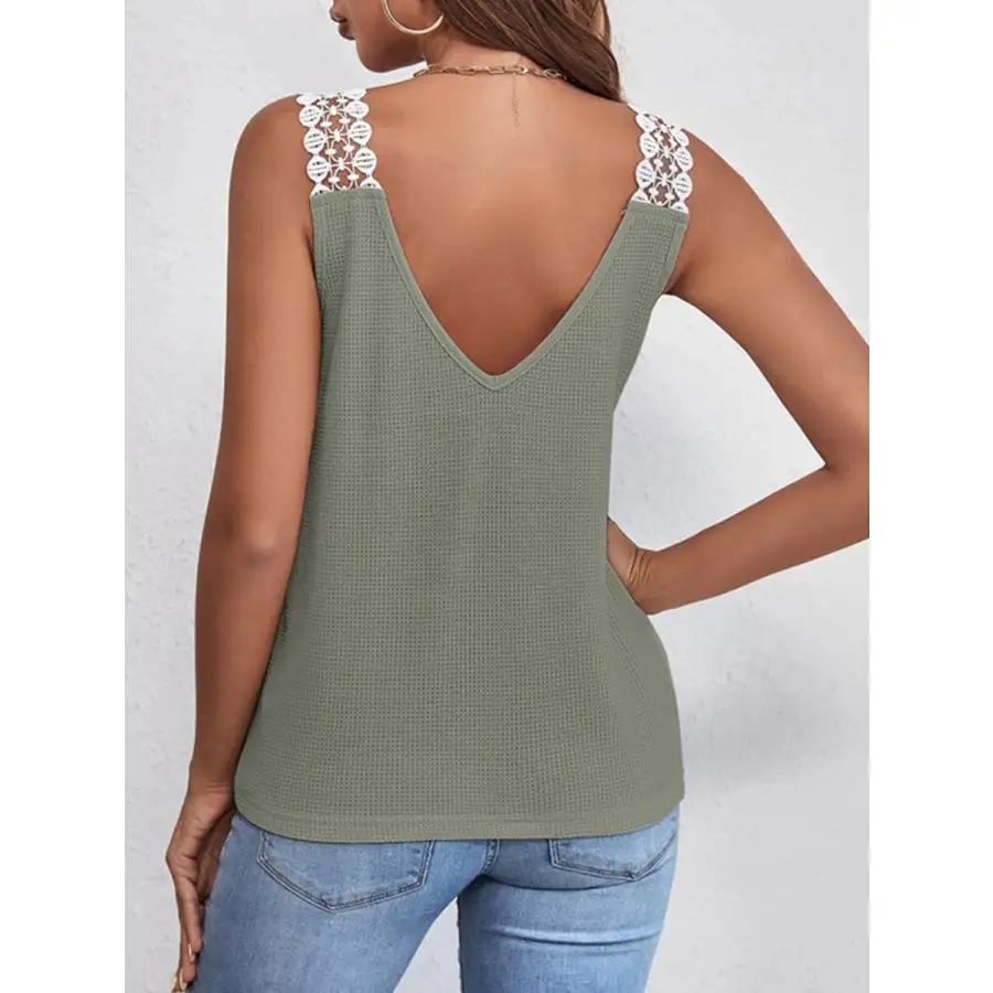 Lace Detail Waffle Knit V Neck Tank