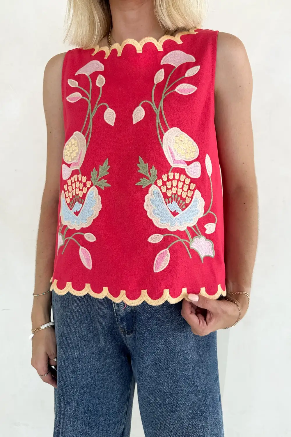 Structured Floral Embroidered Sleeveless Top