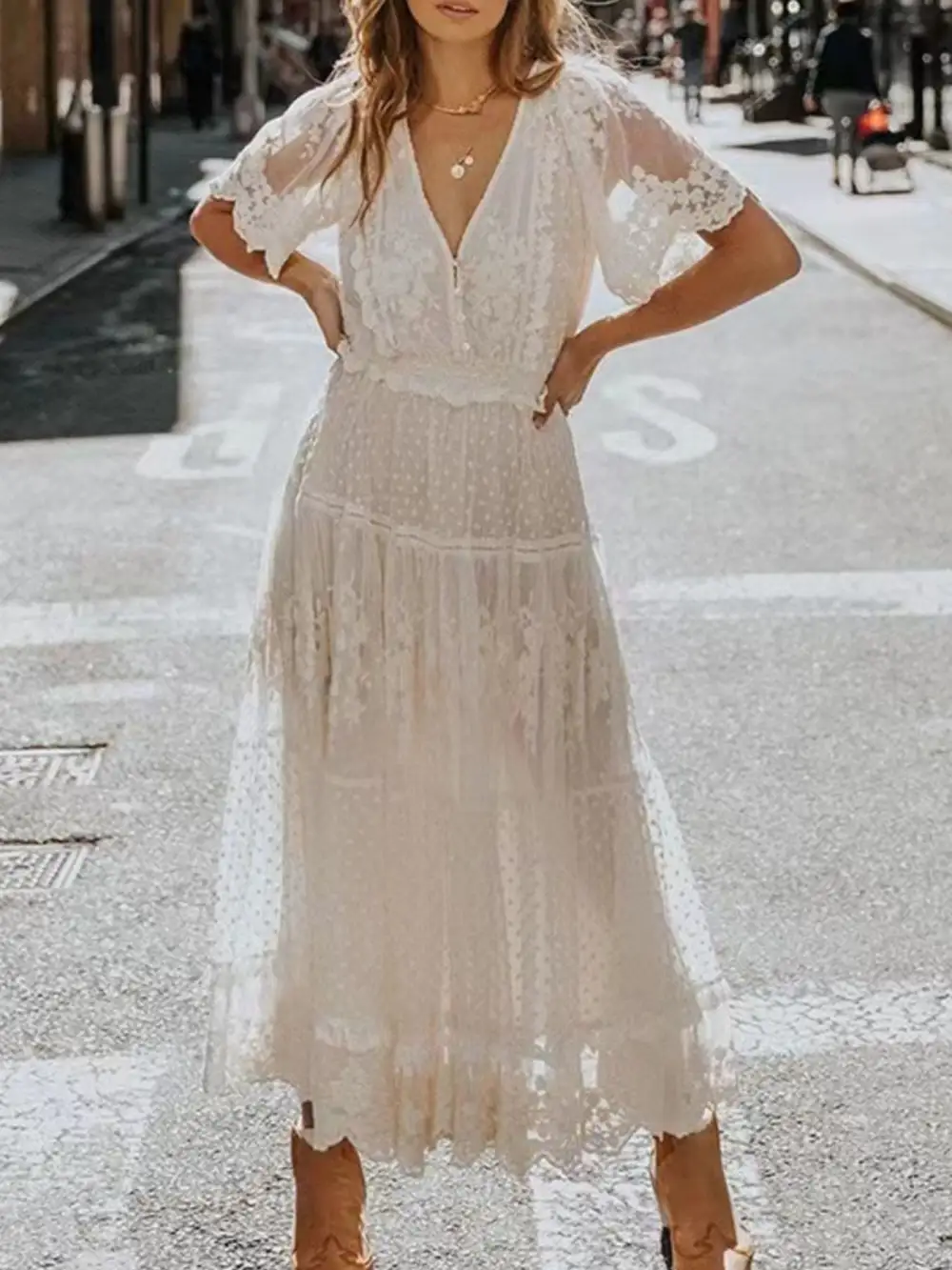 Lace Short Sleeve Maxi Dress