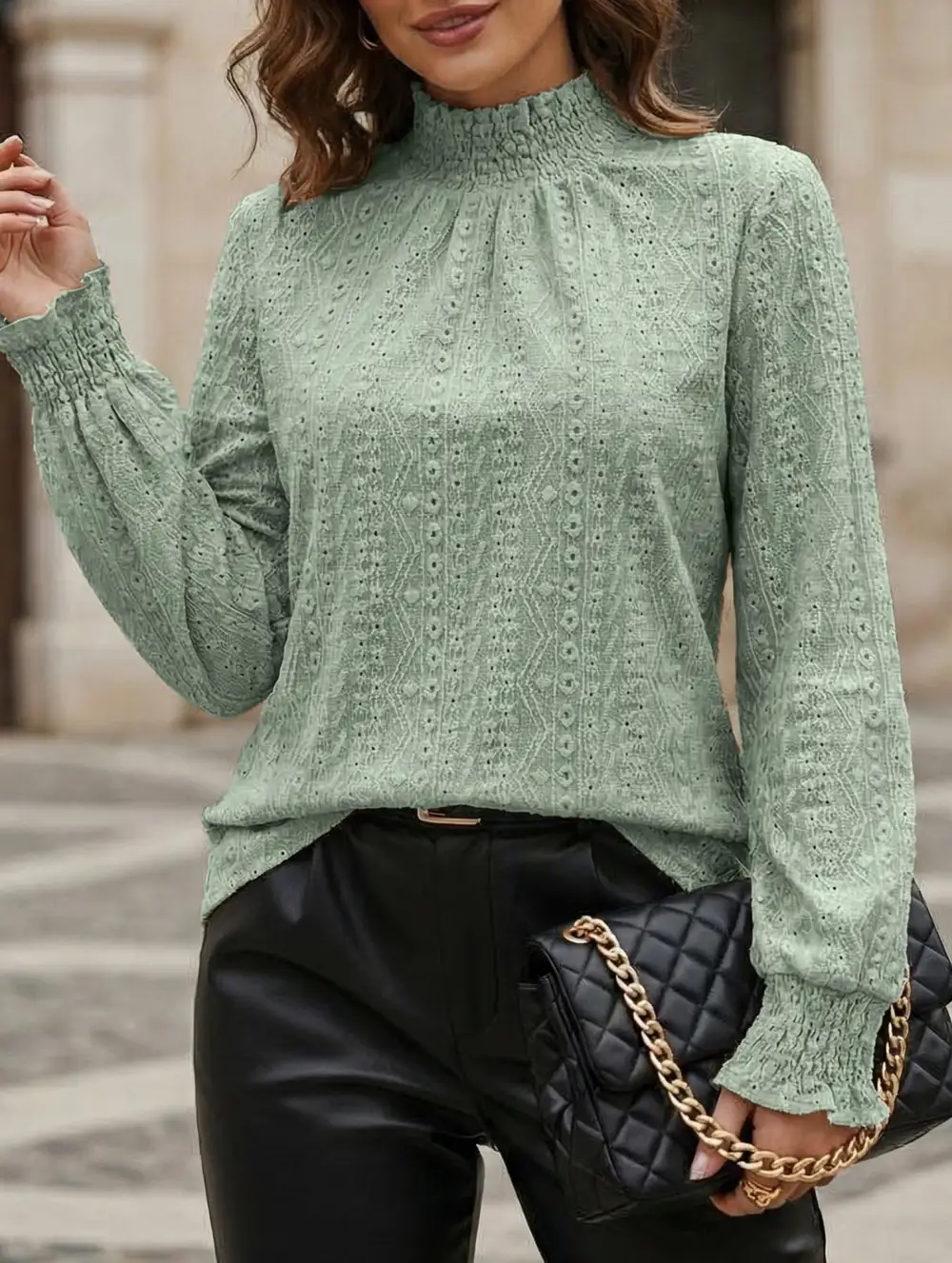 Jacquard Crew Neck Long Sleeve Tee