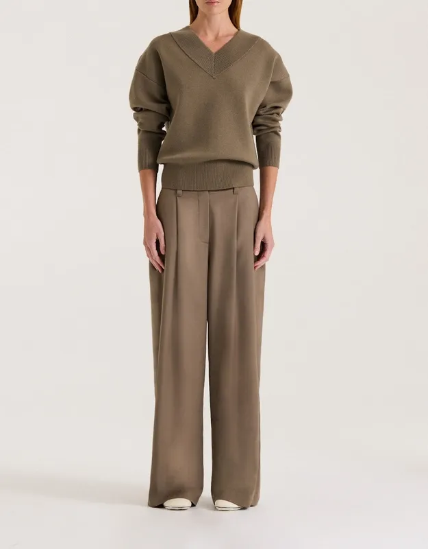 Light Khaki Oversized V-Neck Knit Jumper