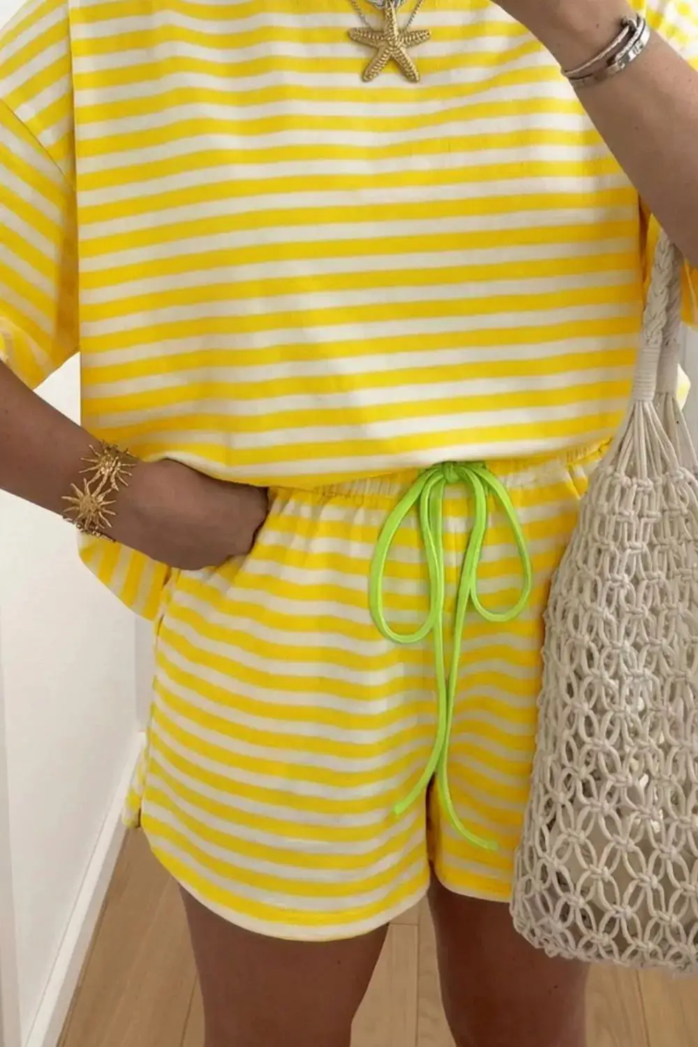 Stripe Contrast Neck Loose Tee Drawstring Shorts Set
