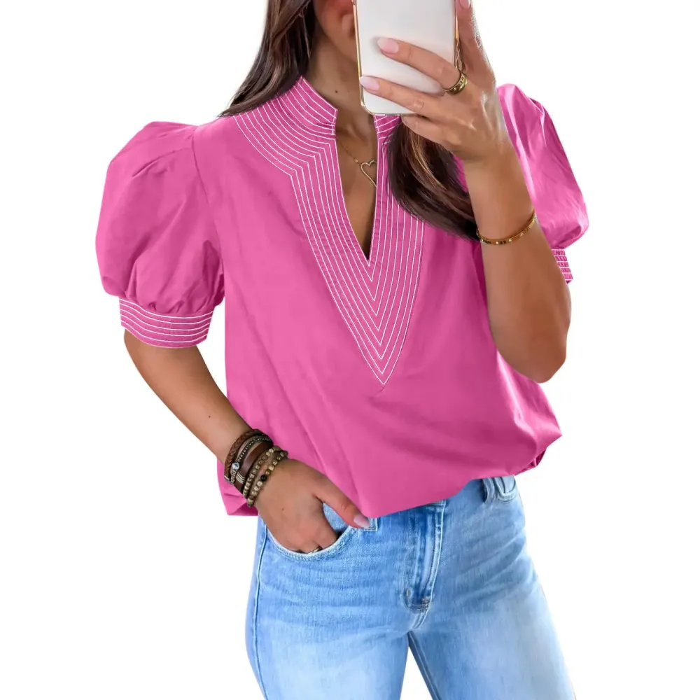 Womens Puff Short Sleeve Blouses Summer Casual Dressy Contrast Stitch