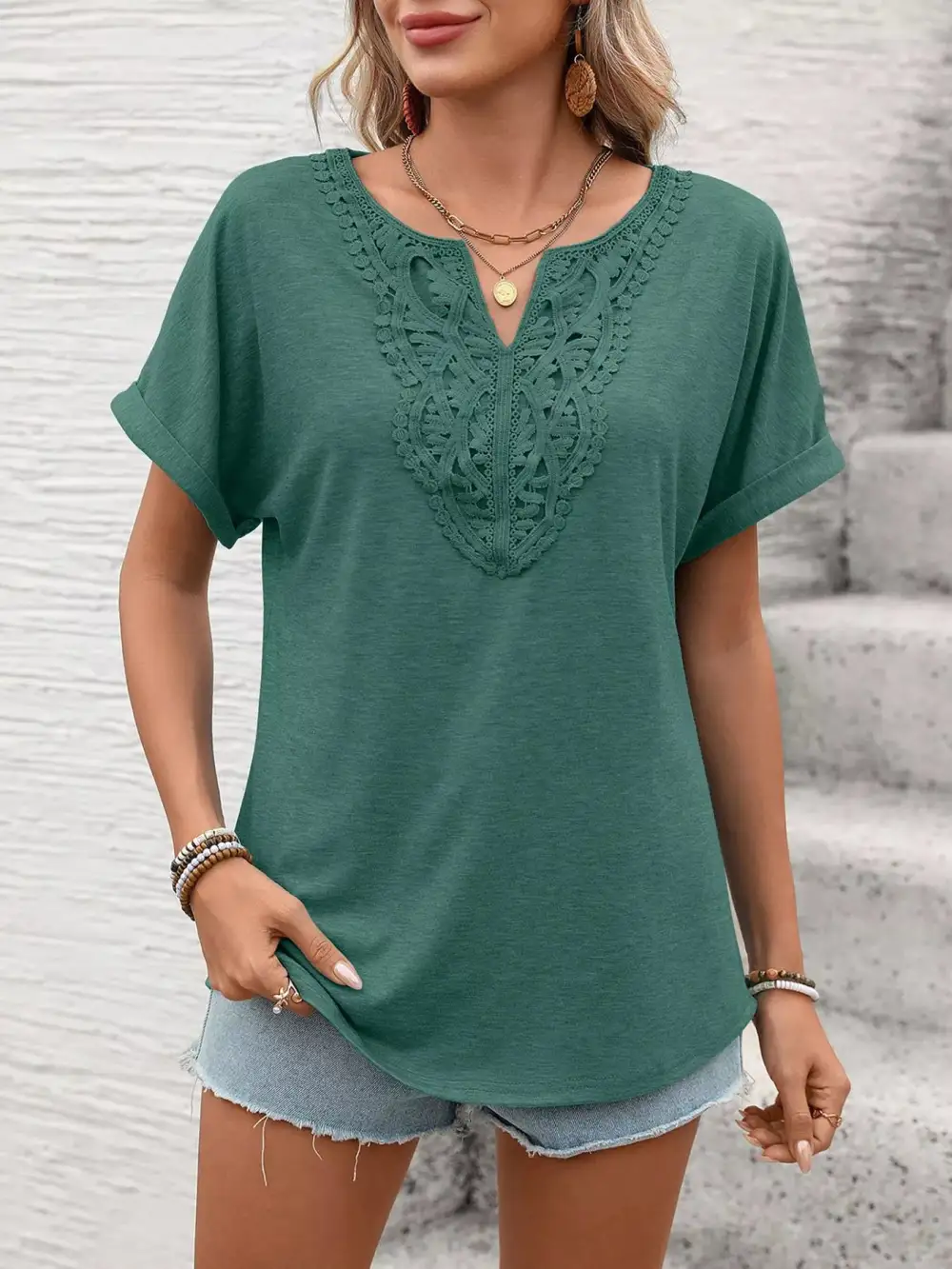 Lace Trim Detail Short Sleeve T-Shirt