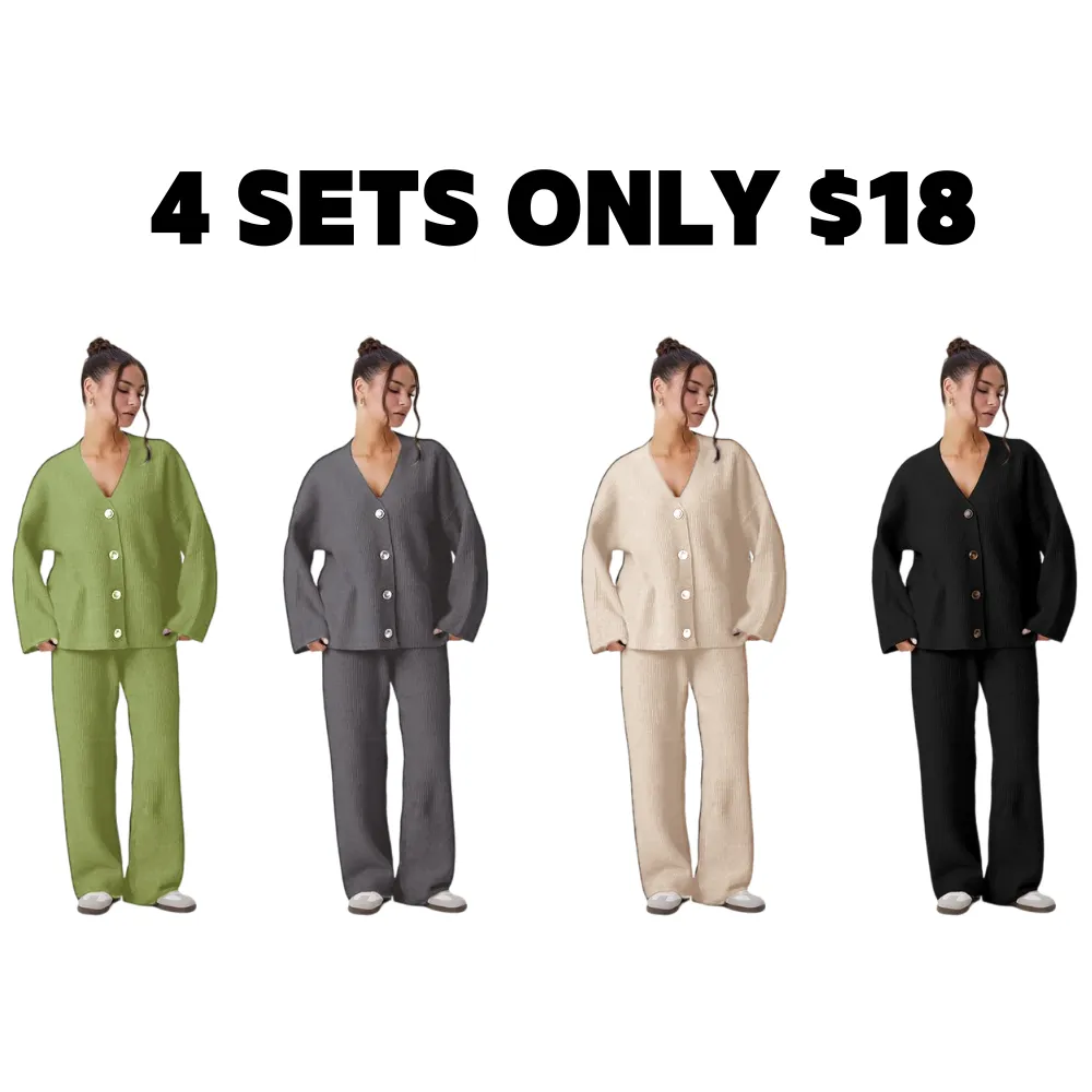 Women's Slouchy Solid Color V-Neck Button-Up Long Sleeve Cardigan & Stretch Loose Trousers Co-ord, Minimalist Two Piece Outfits, Cozy Womenswear