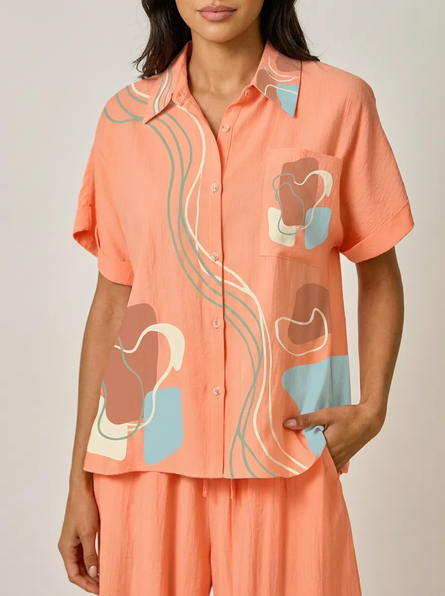 Women's Abstract Art Peach Wavy Lines Printed Button-up Shirt