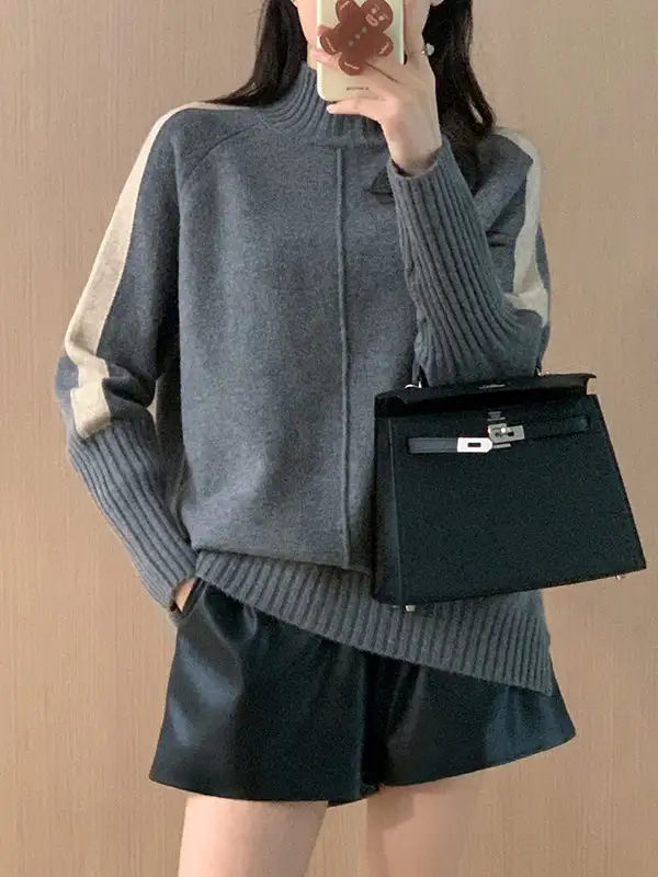 High Low Split Hem Paneled High Neck Long Sleeve Pullover Sweater