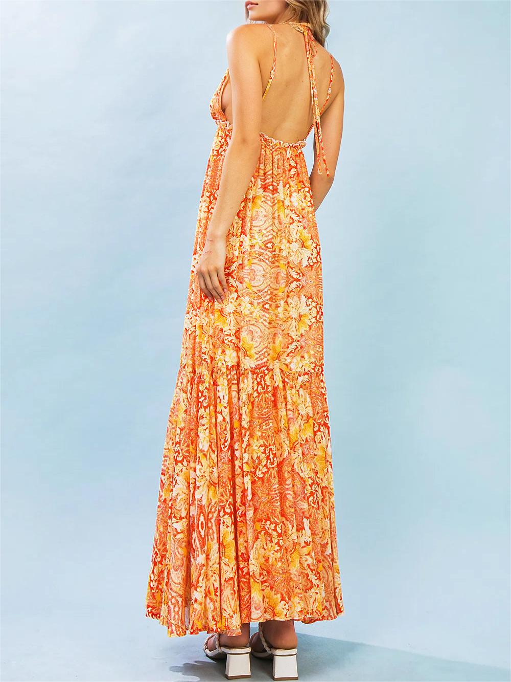 Orange Floral Asymmetric Maxi Dress