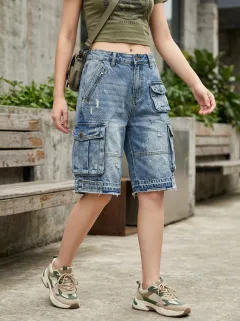 Women's Y2K Streetwear Distressed Cargo Denim Shorts