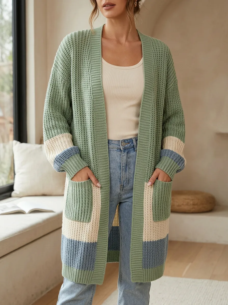 Women's Colorblock Waffle Knit Long Cardigan