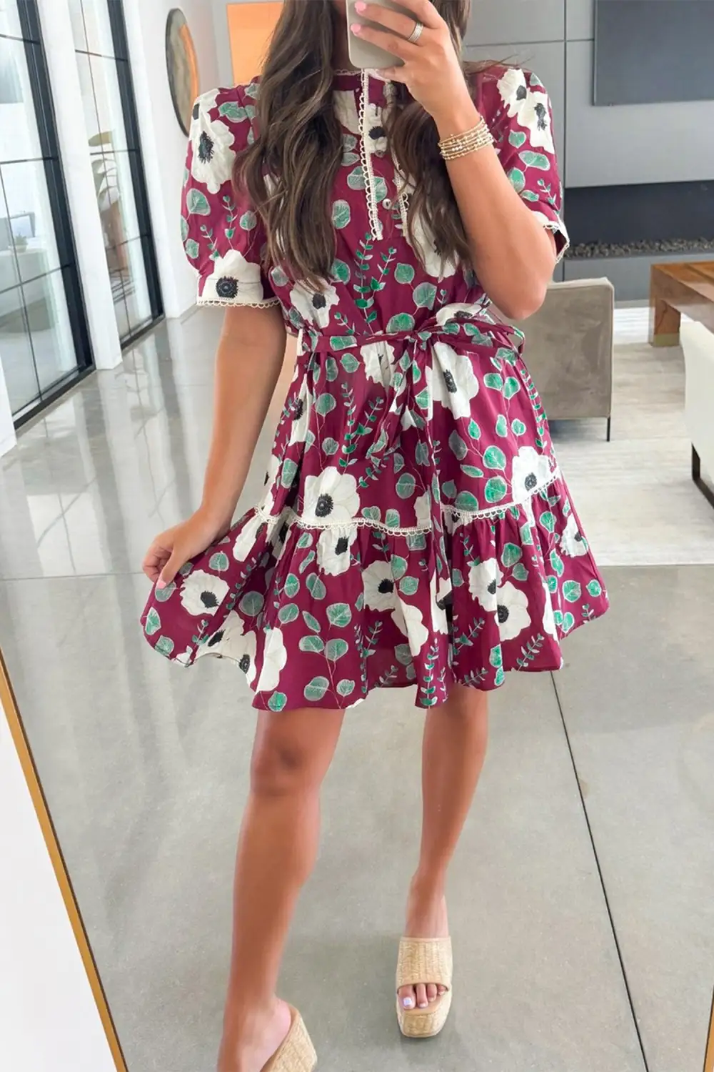 Gathered Detail Floral Printed Puff Sleeve Mini Dress