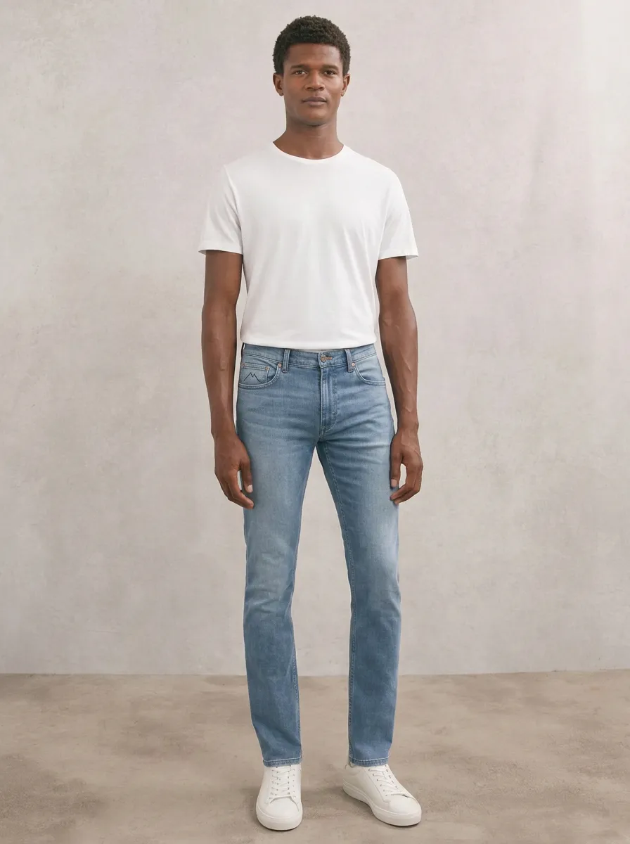 Men's Contemporary Comfort Mountain Logo Embroidered Stretch Denim Jeans