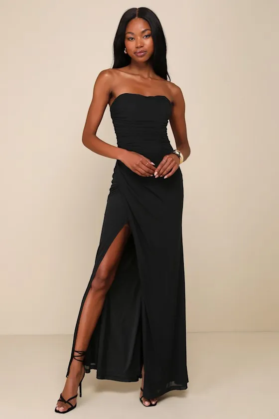 Epitome of Allure Brown Mesh Strapless Ruched Maxi Dress