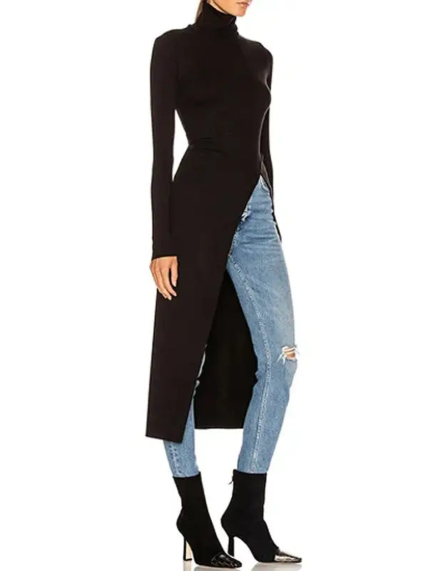 Minimal Slim Fit Side Slit High Neck T-Shirt