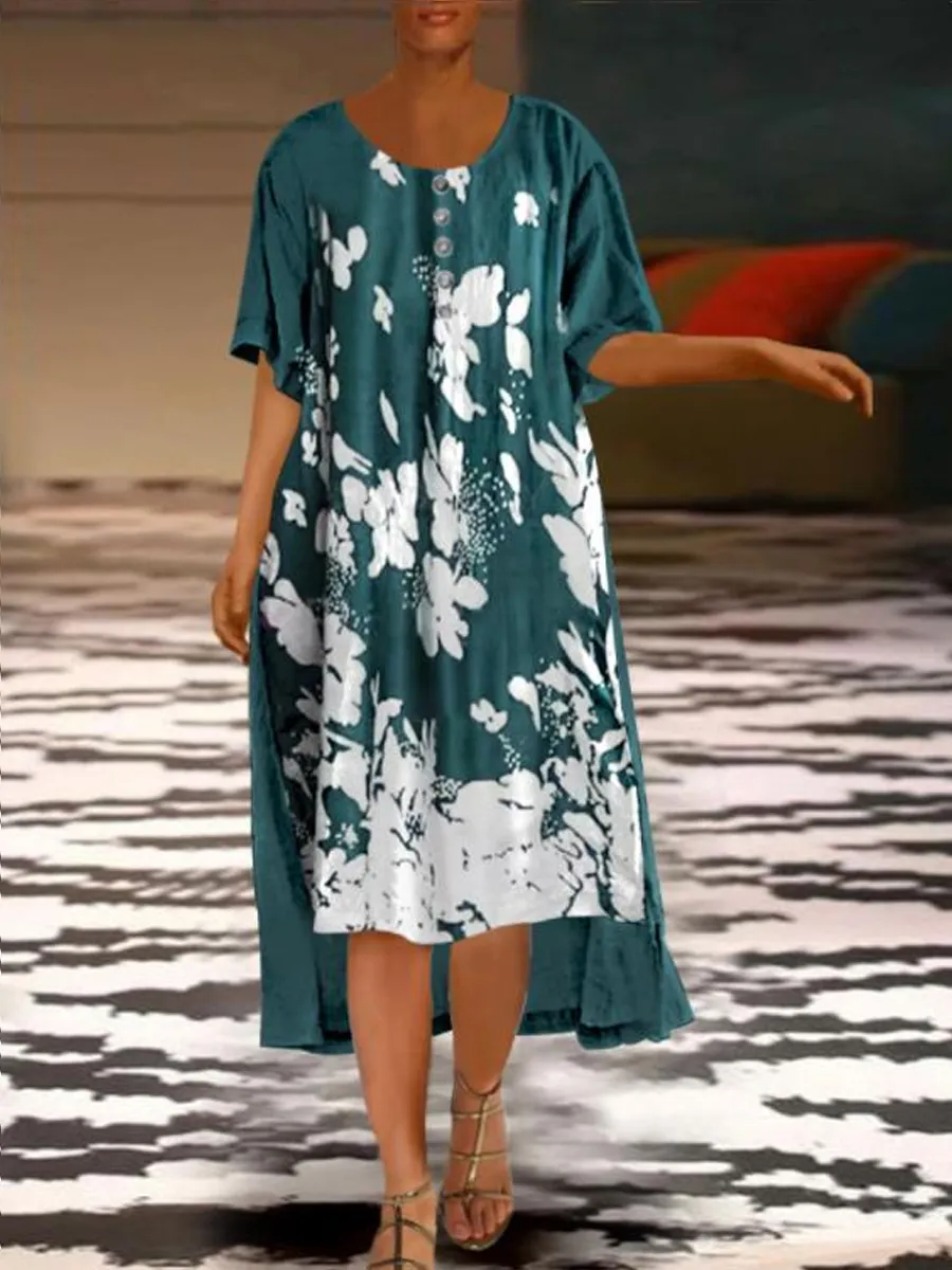 Fashion Print Short Sleeve Irregular Long Dress