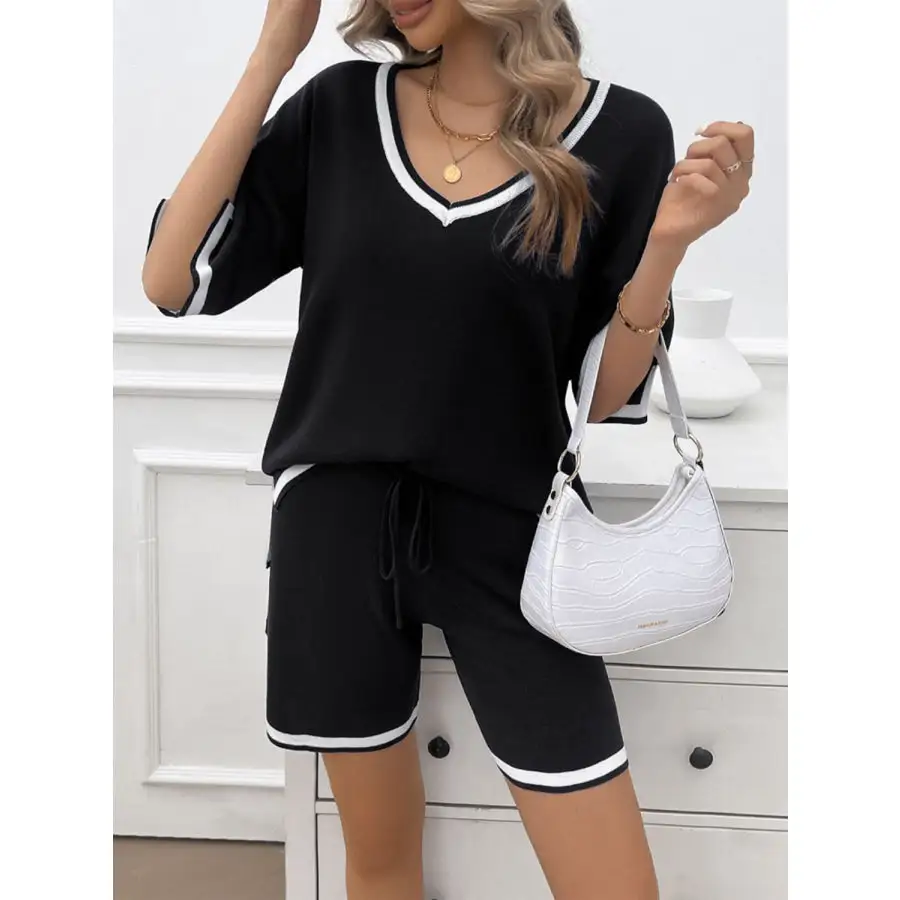 Contrast Trim V Neck Top and Shorts Set