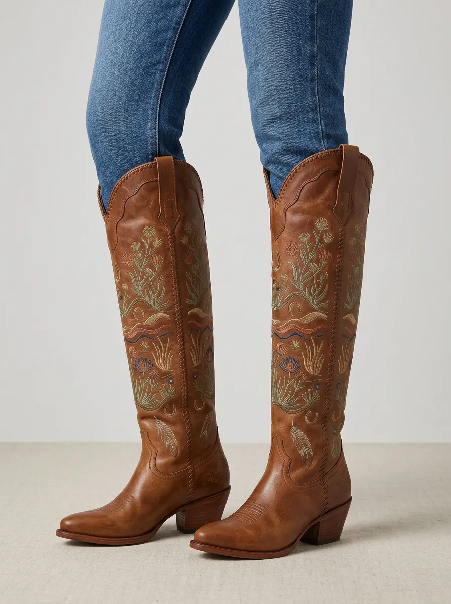 Women's Western Floral Feather Geometric Embroidered Embossed Pointed-Toe Denim Over-the-Knee Boots
