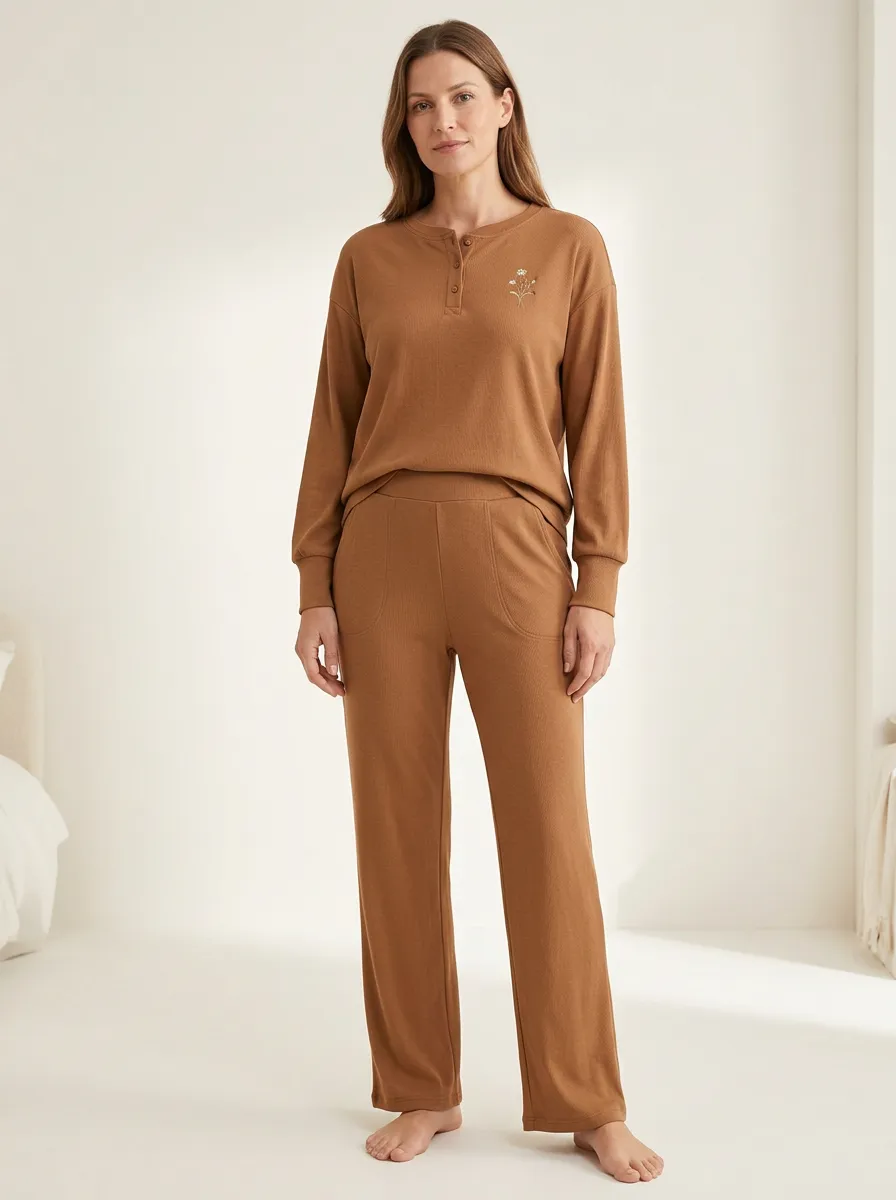Women's Floral-Embroidered Ribbed Henley Wide-Leg Lounge Set