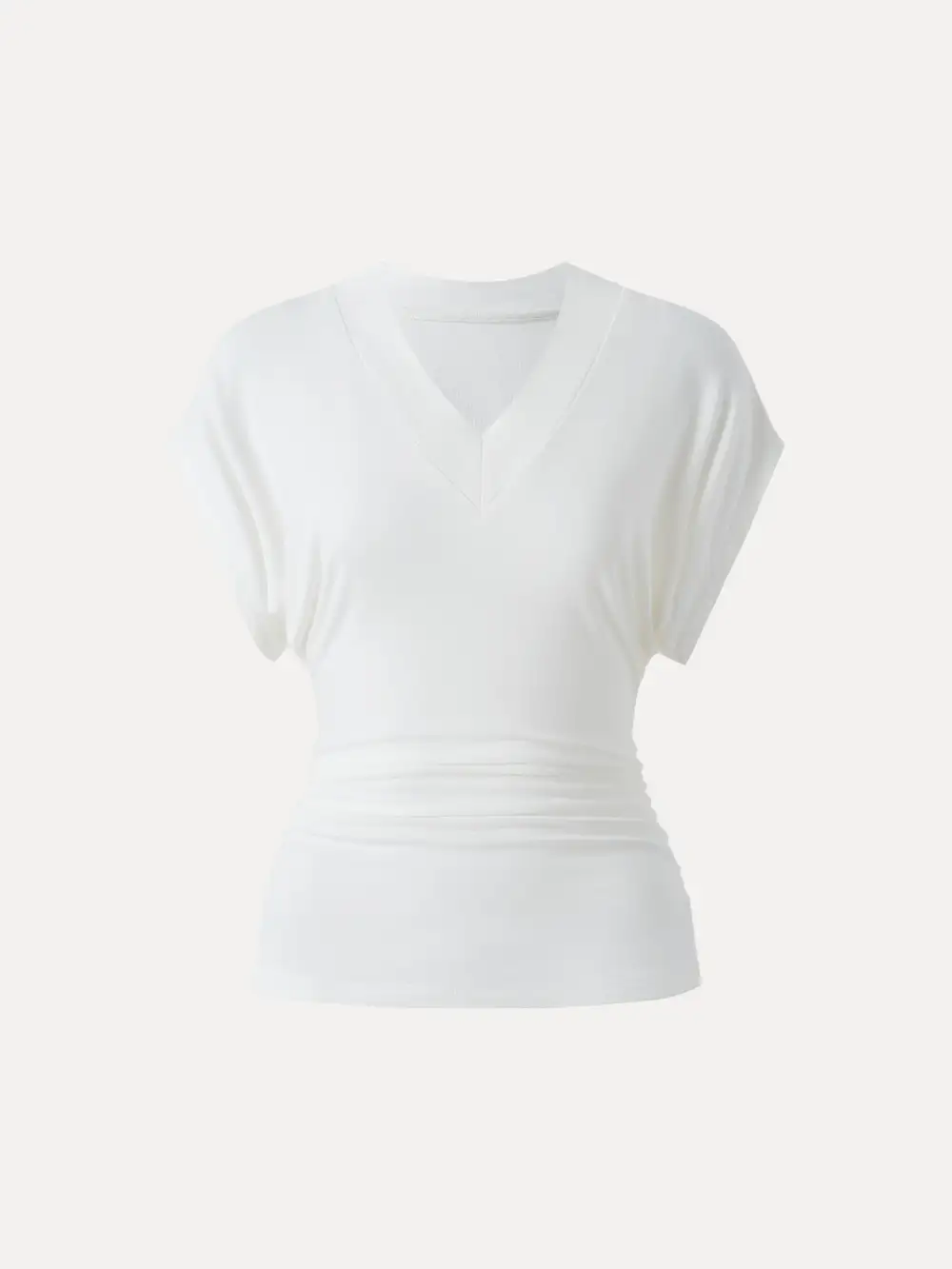 Semi-Sheer Lyocell Cashmere Blend V-Neck Short Sleeve Side Ruched Tee