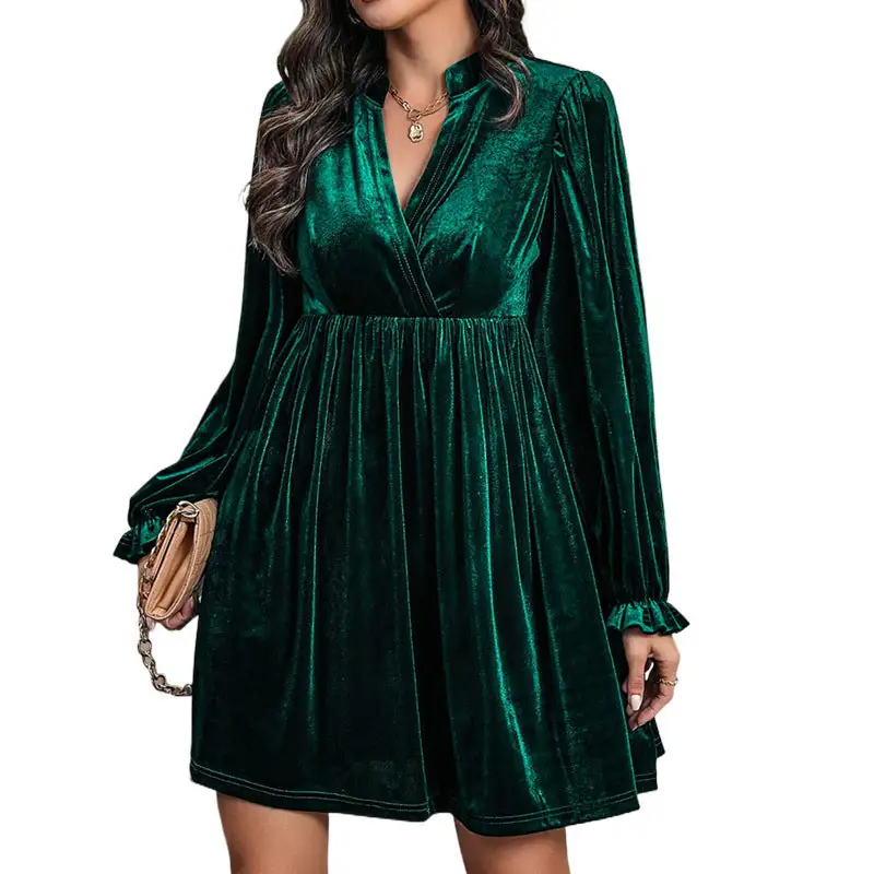Women's V-Neck Long-Sleeve Velvet Ruffled Dress
