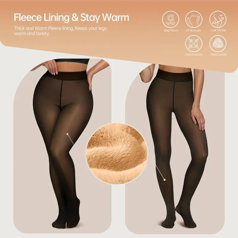 Women Fleece Lined Leggings Sheer Fake Translucent Pantyhose Thermal High Waisted Footed Opaque Tights