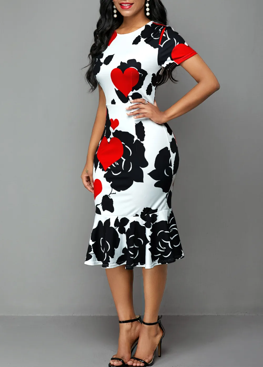 Short Sleeve Rose and Heart Print Dress