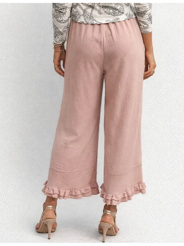 Elastic Waist Drawstring Ruffle Hem Wide Leg Pants