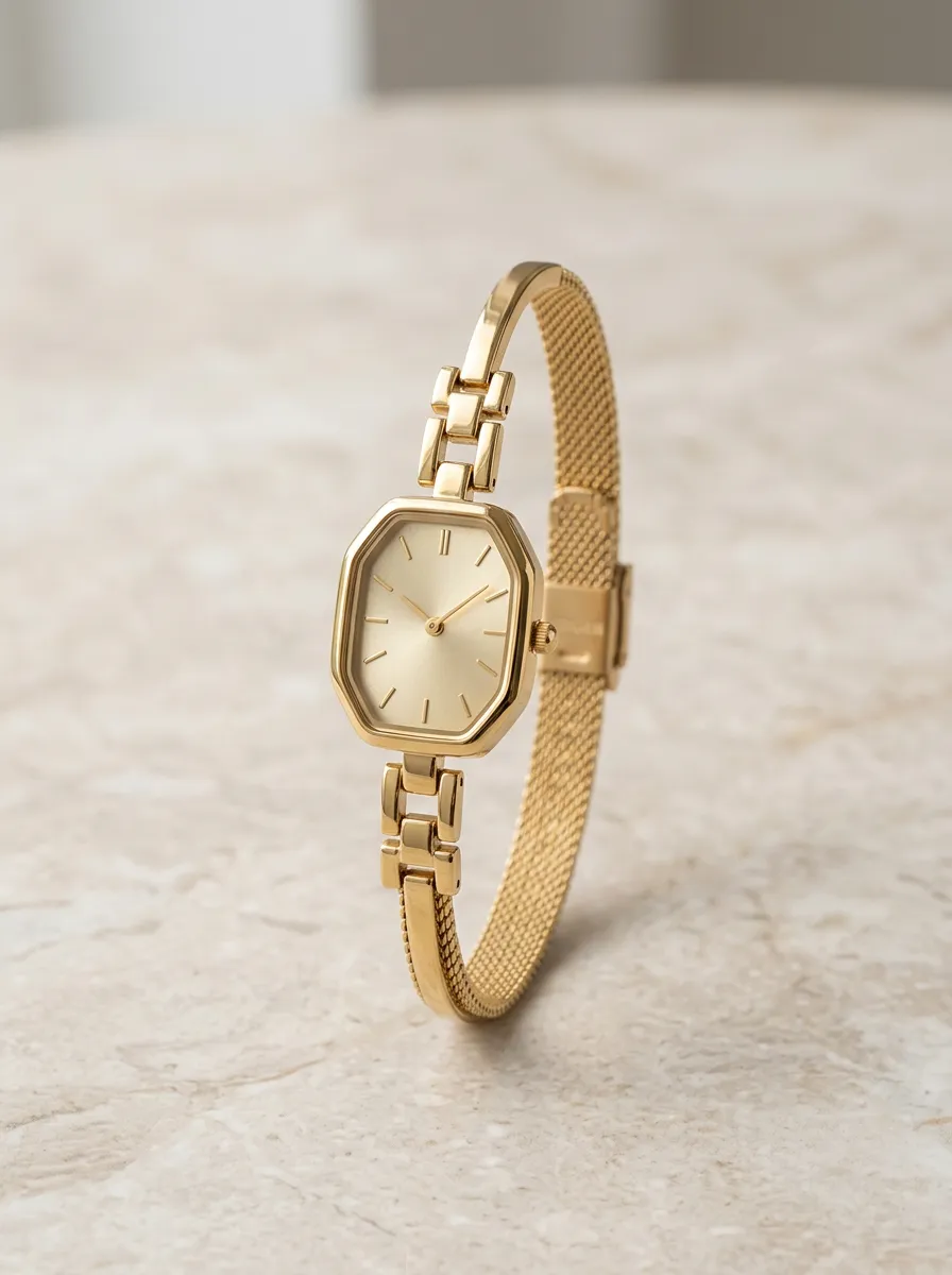 Gold Octagonal Case Mesh Strap Watch