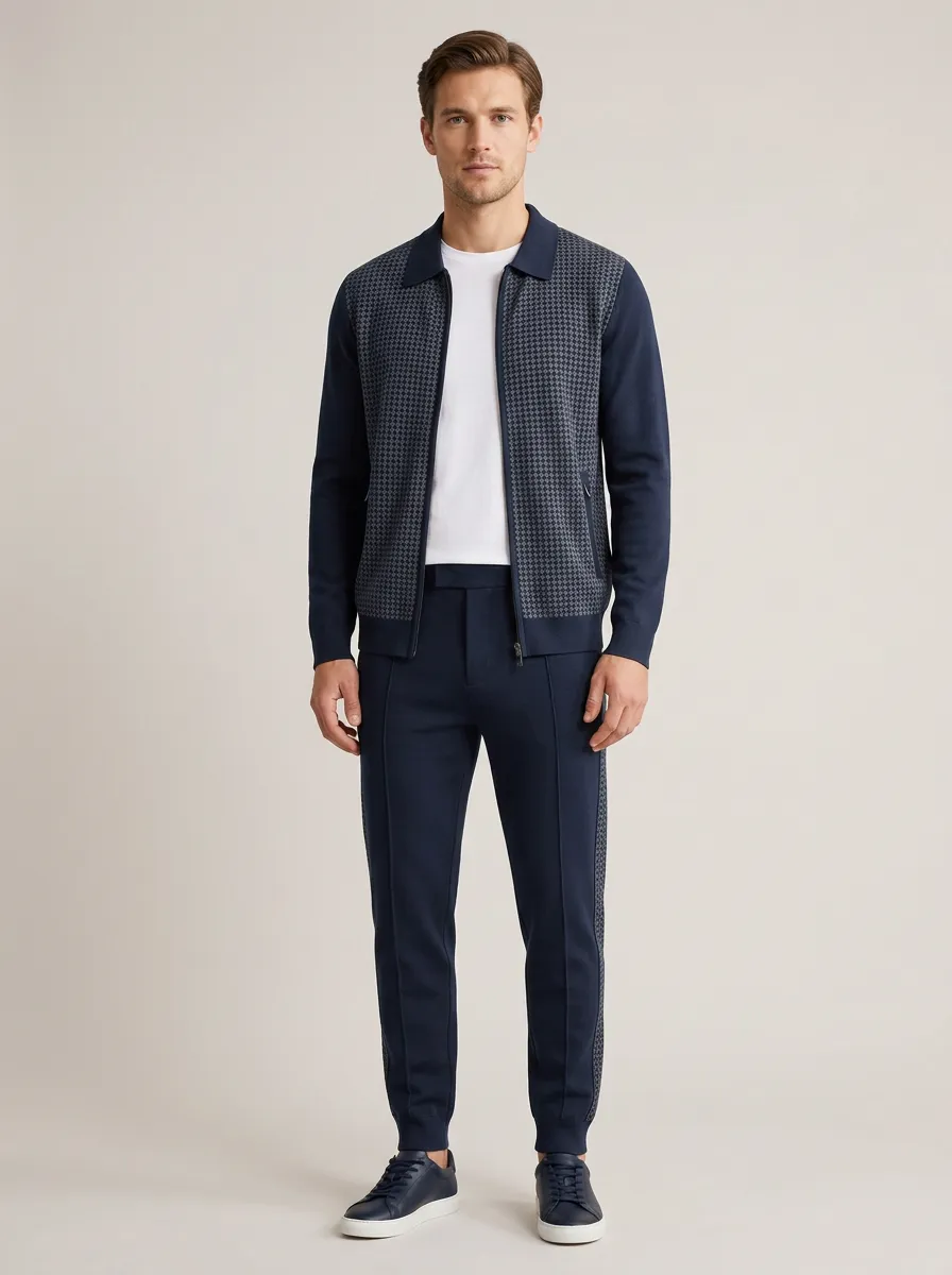 Men's Boho Inspired Houndstooth Polo Collar Jacket and Jogger Pants Set