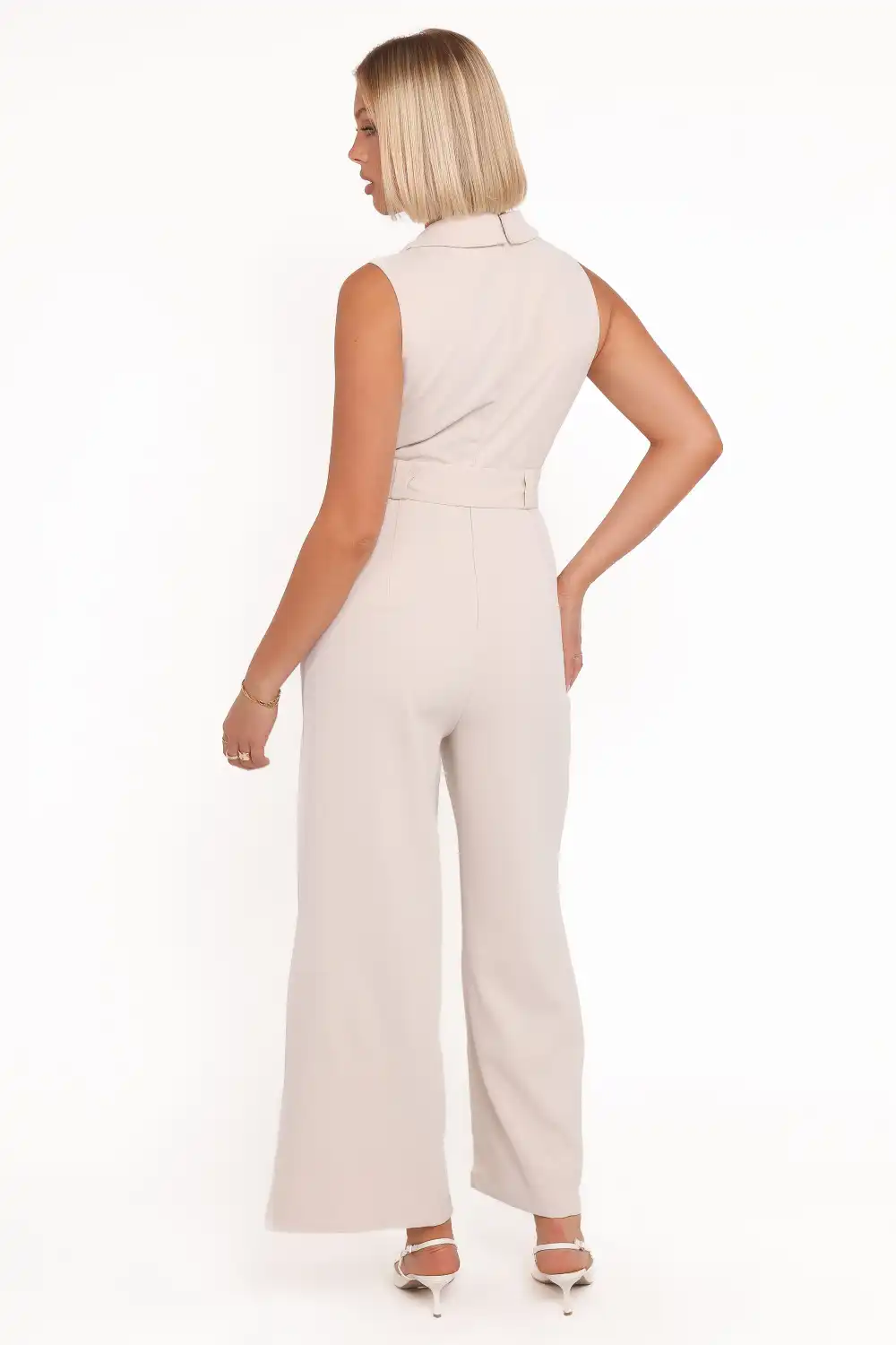 Classic V-Neck Collared Belted Wide-Leg Pocket Jumpsuit