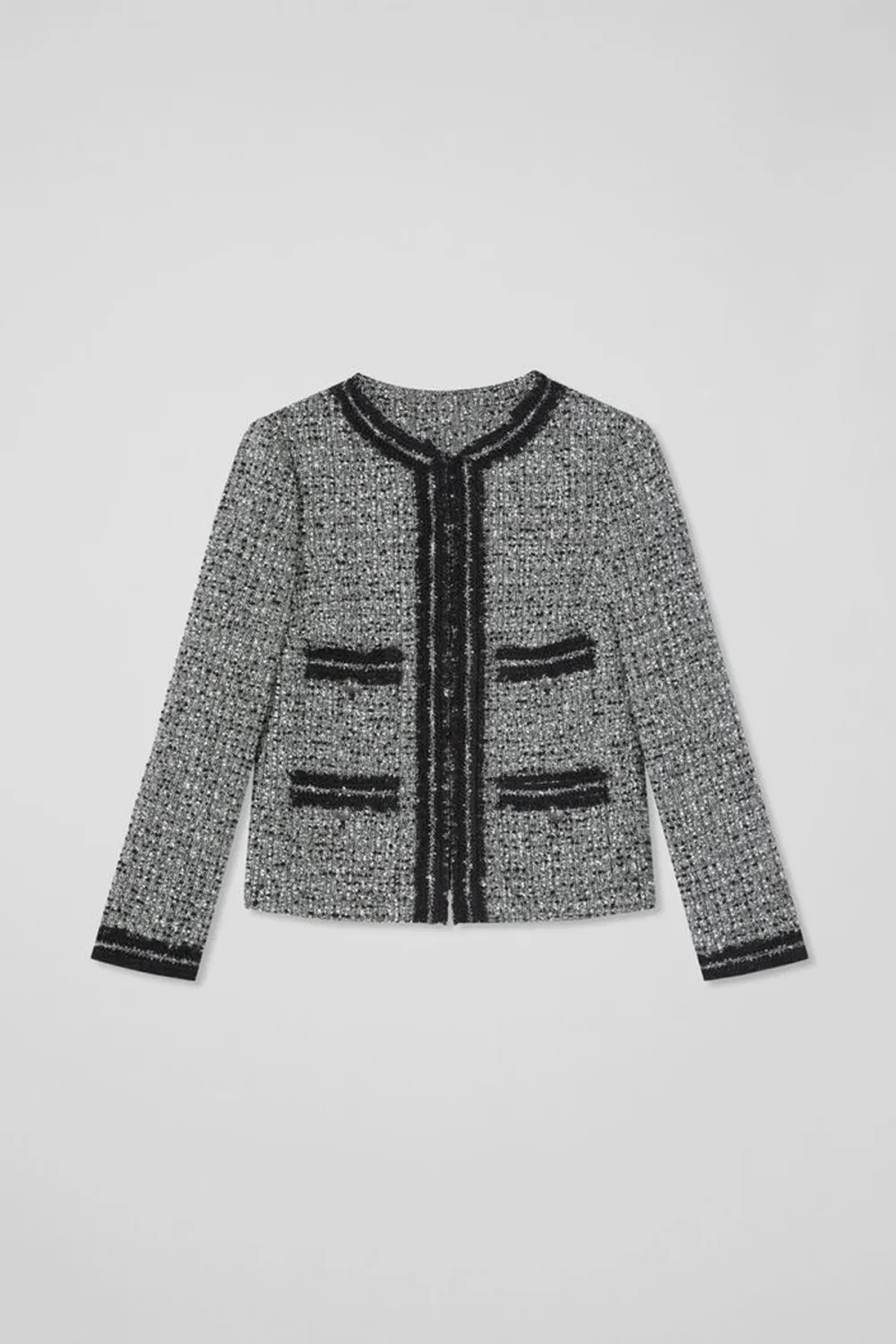 Grey Tweed Short Jacket With Contrast Trims