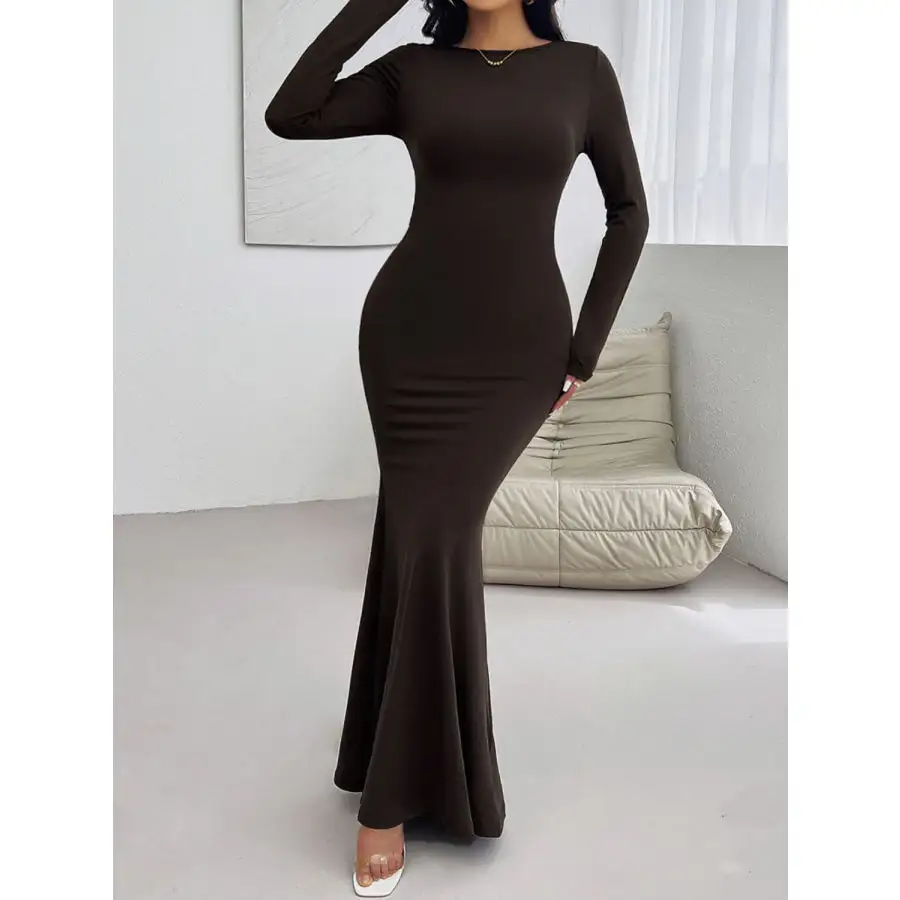 Devine Backless Round Neck Long Sleeve Maxi Dress
