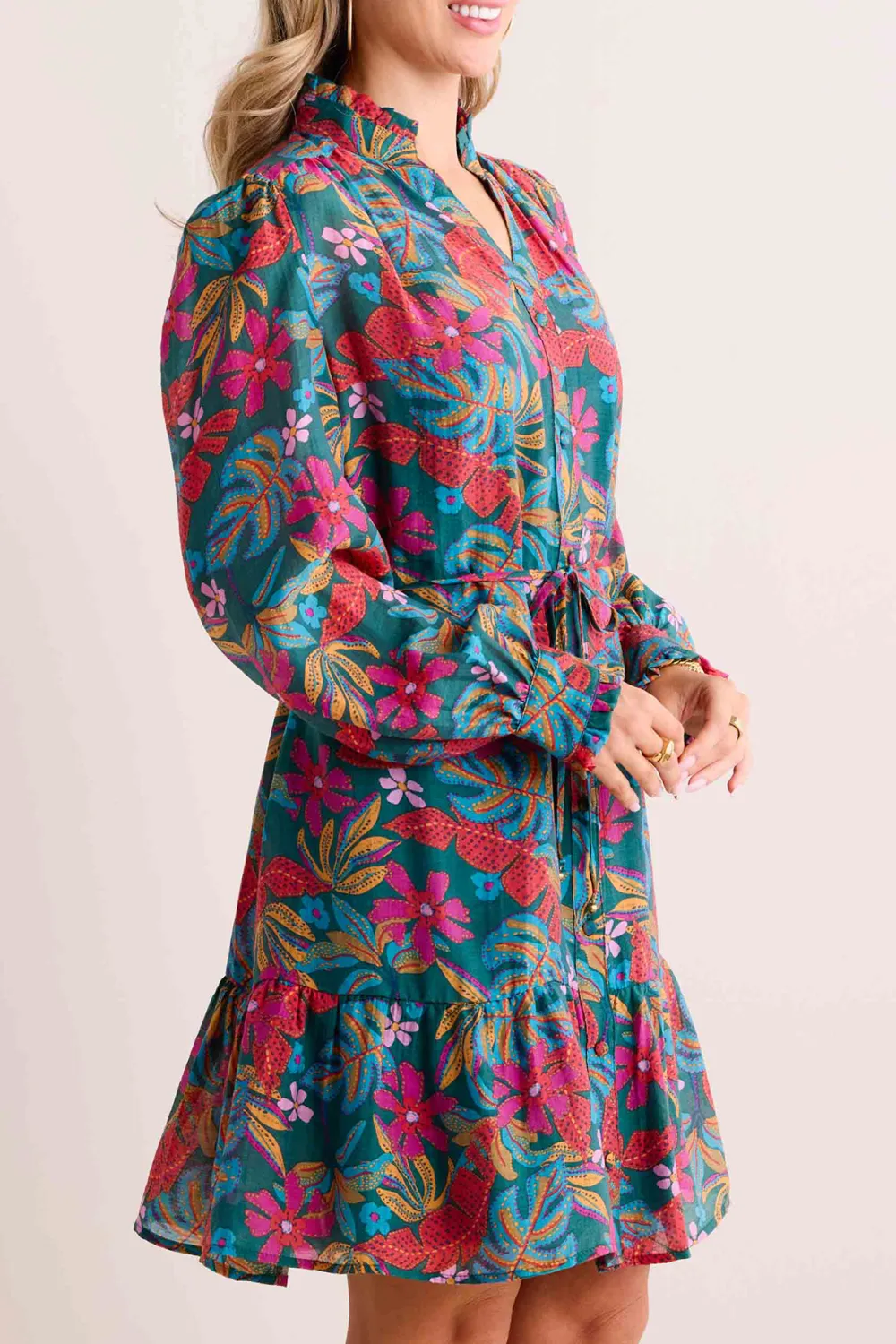 Multicolored Print Puff Sleeve Drawstring Dress