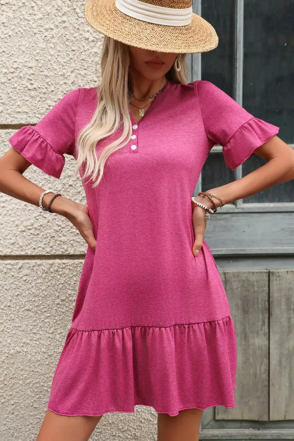 Color Puff Sleeve Casual Mini Dress