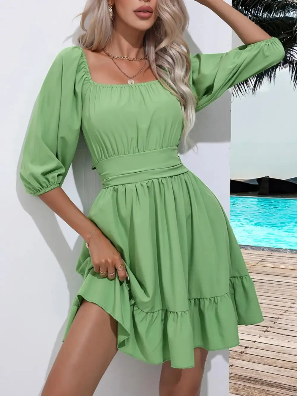 Smooth Finish Square Neck Ruffle Dress