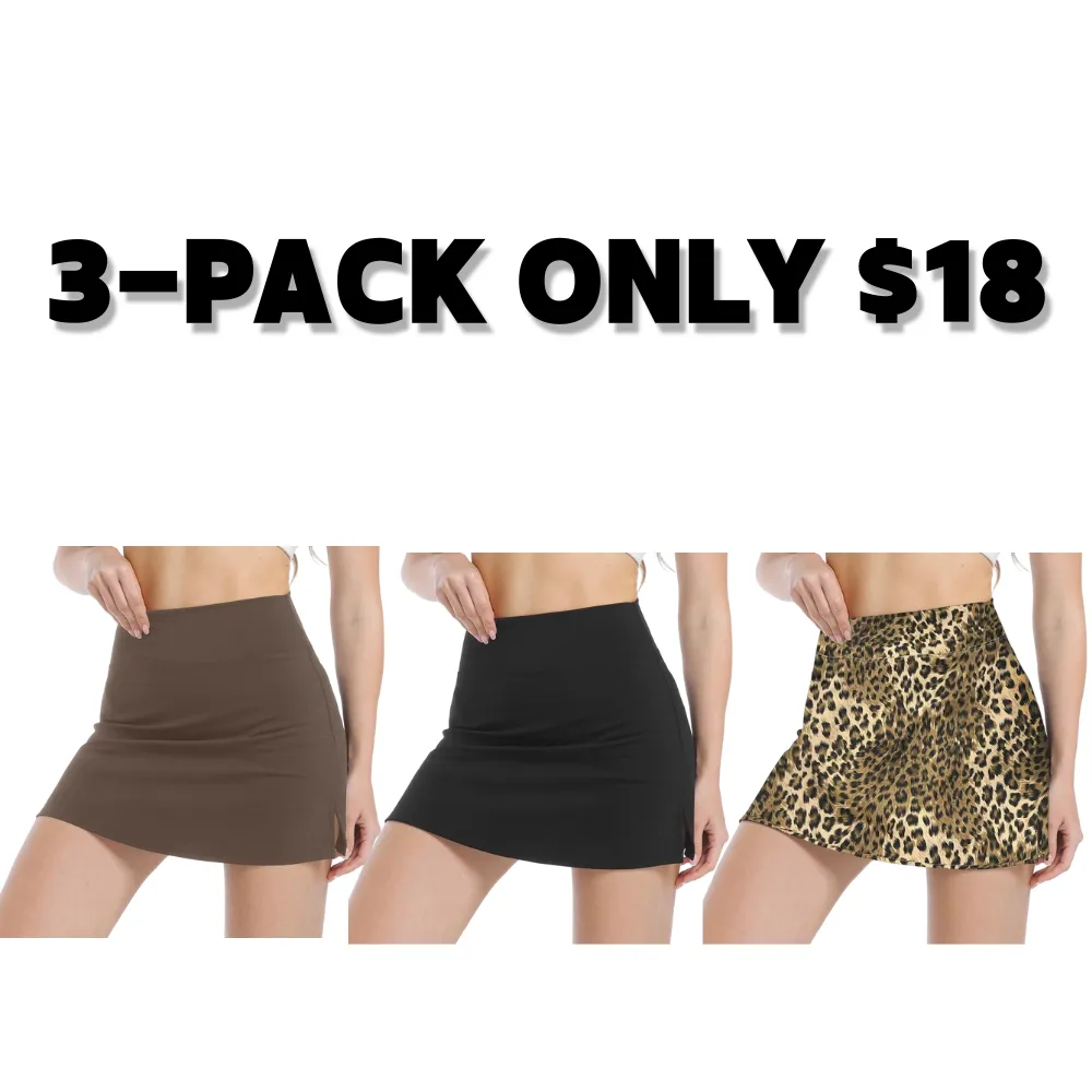 Women's Solid Color Leopard Stretch High Waist Straight Slit Mini Sports Skirt