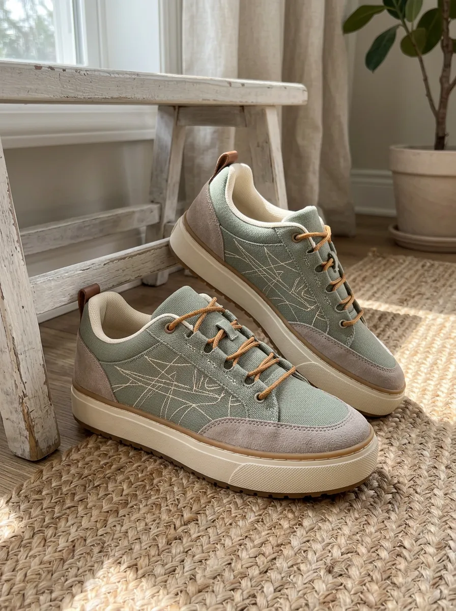 Women's Sage Green Abstract Line Art Printed Sneakers