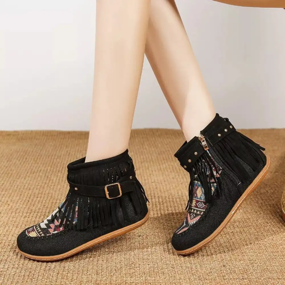 Fringe Side Zipper Ankle Boots