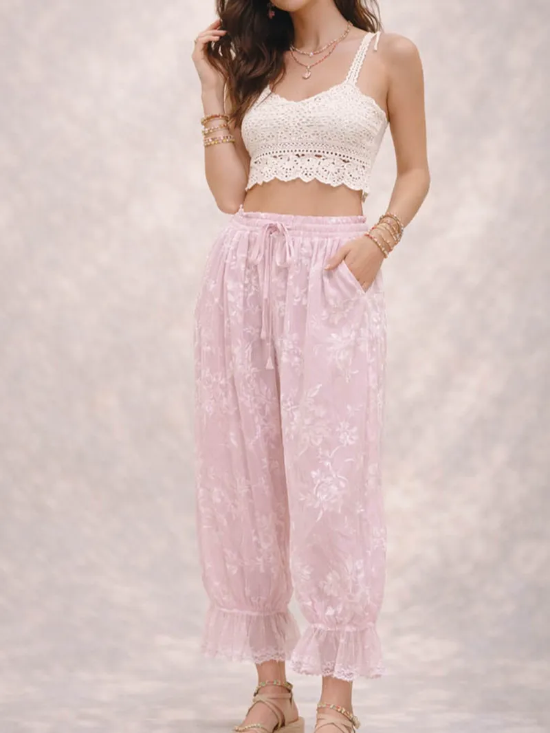Lace Hem Flocked Elastic Waist Lantern Pants