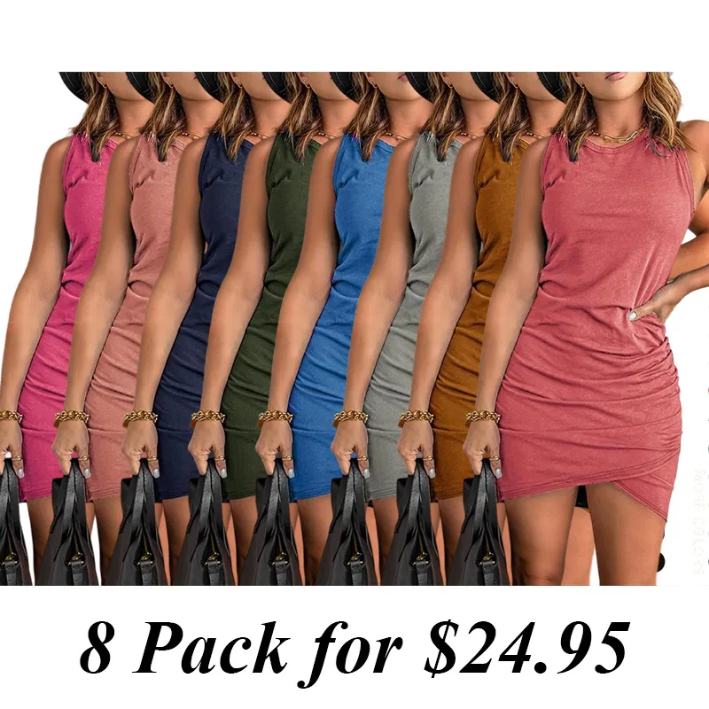 8PACK-Women'S Fashion Solid Color Knitted Dress