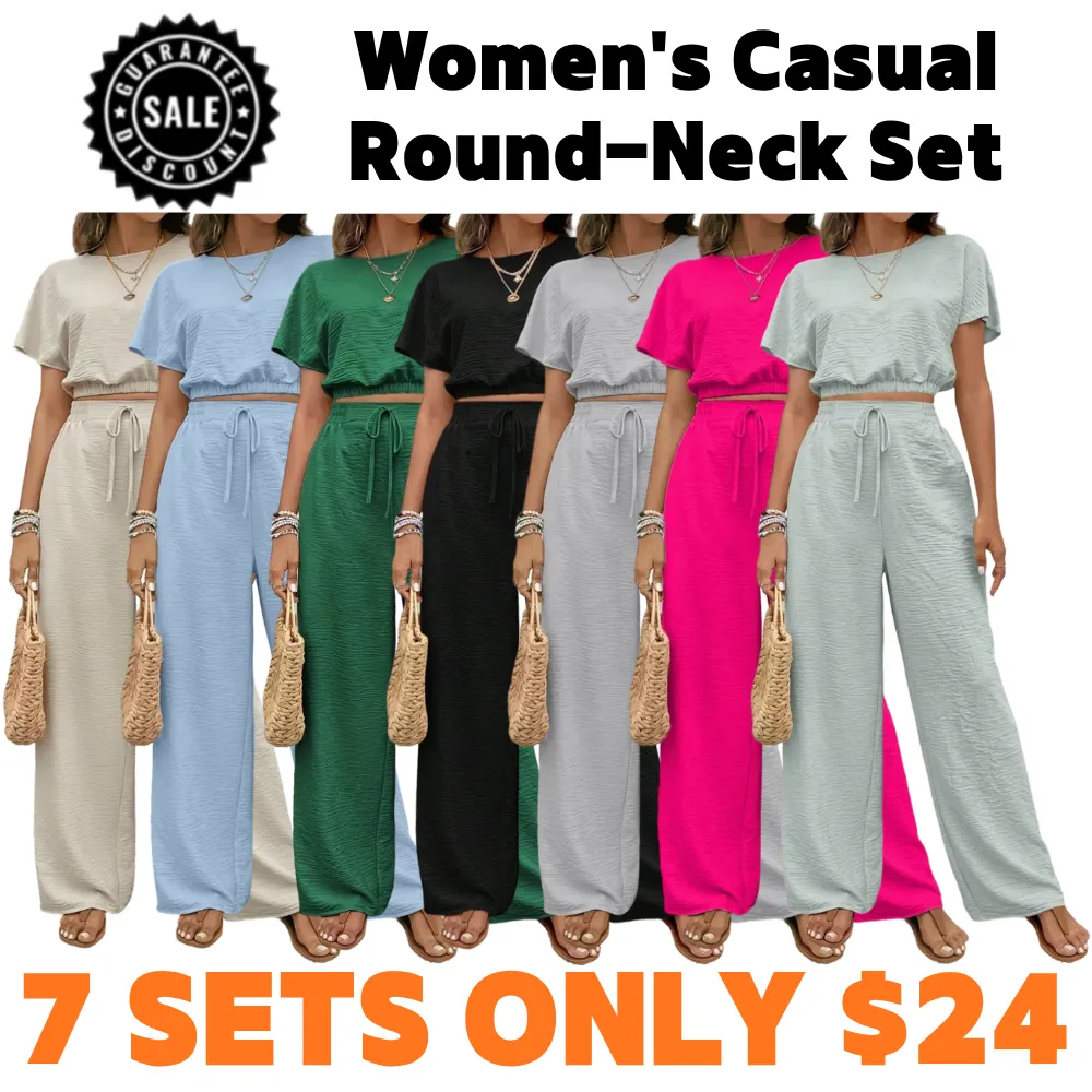 Women’s Casual Two-Piece Set – Round Neck Top & Wide-Leg Drawstring Pants