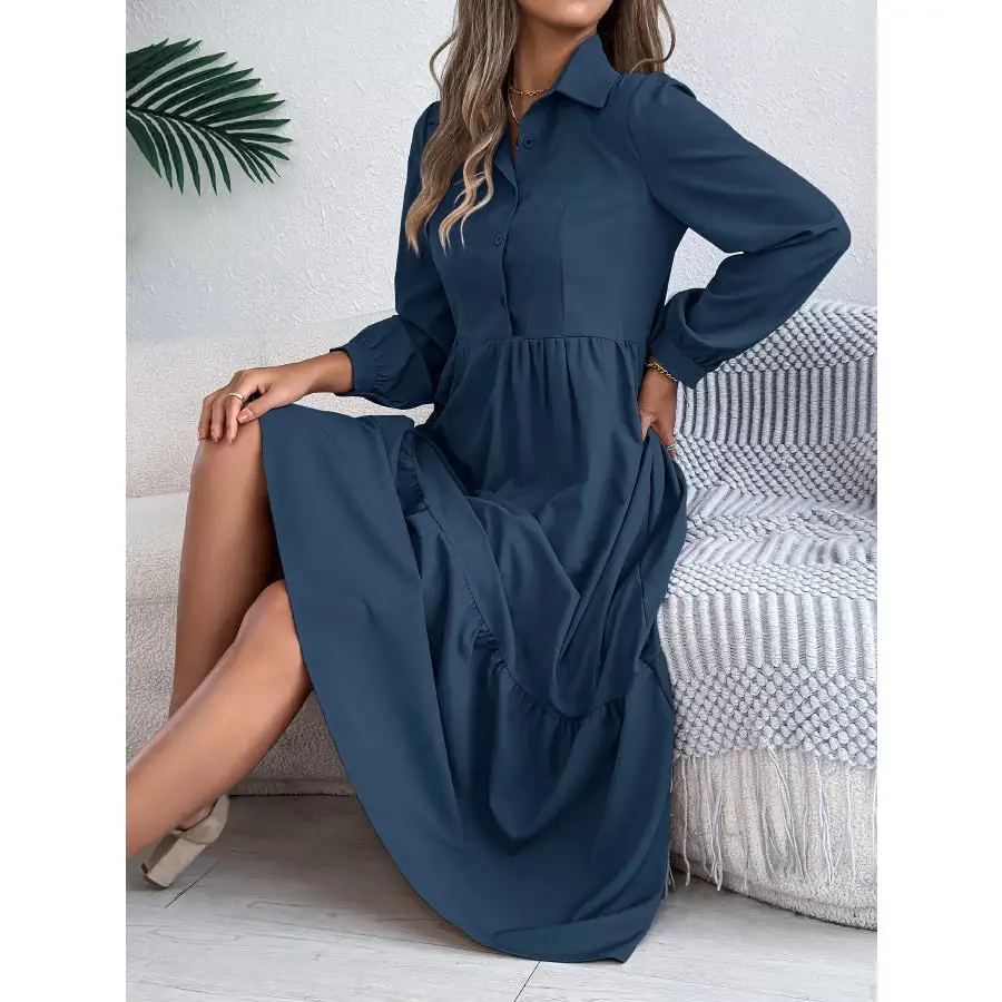 Long Sleeve Tiered Button Front Midi Dress