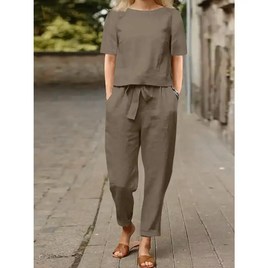 Relaxed Round Neck Short Sleeve Top and Pants Set