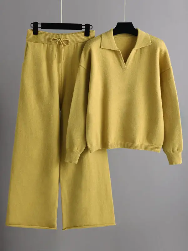 Long Sleeve Polo Collar Sweater And Pants Set