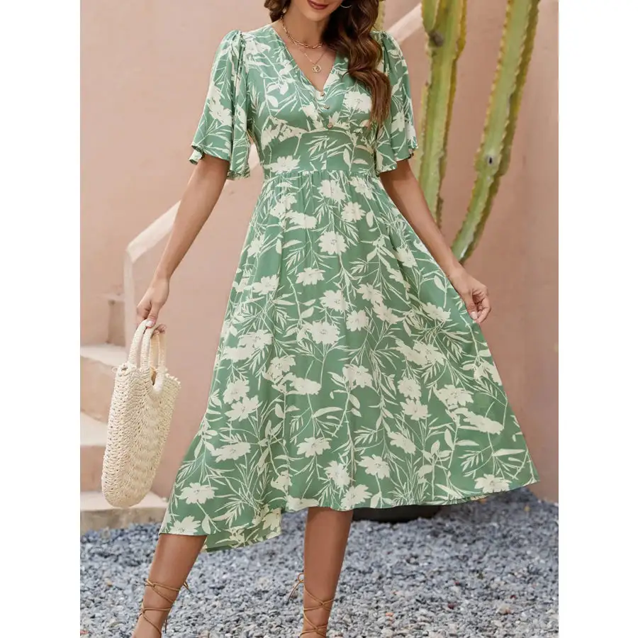 Neck V-Neck Flutter Sleeve Midi Dress