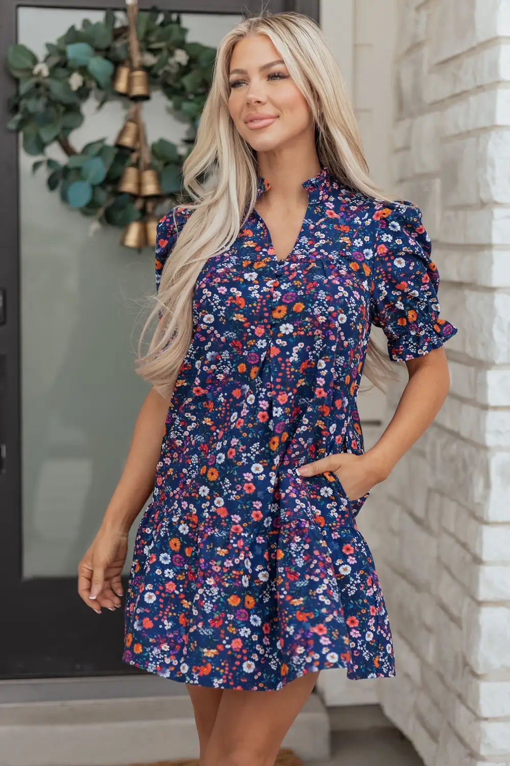 Polished Detail Floral Split Neck Puff Sleeve Mini Dress